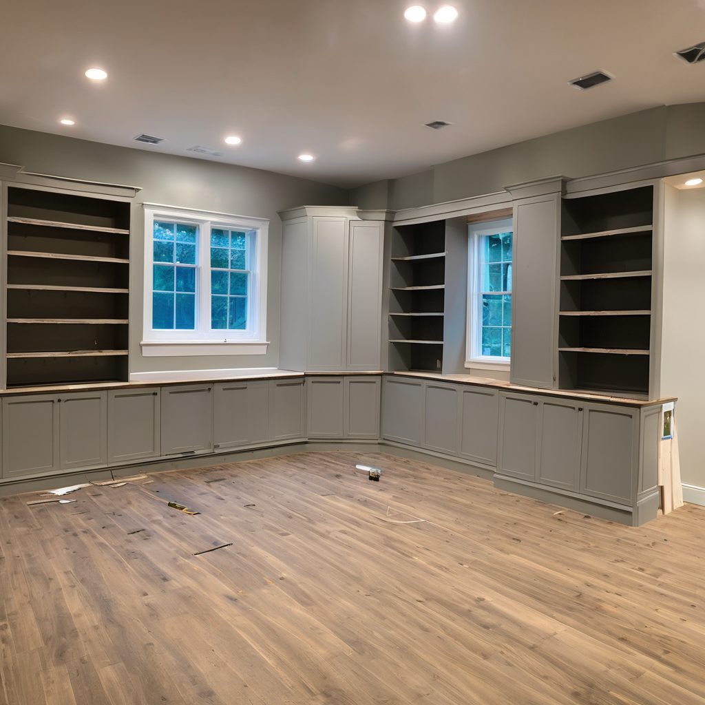 Empty room with built-in cabinetry and hardwood flooring under construction