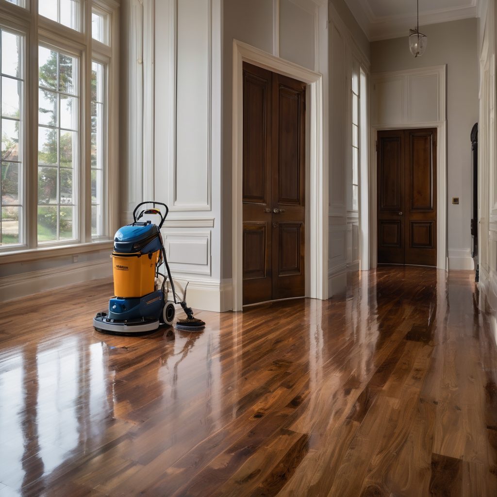 Professional floor polishing machine cleaning gleaming hardwood hallway