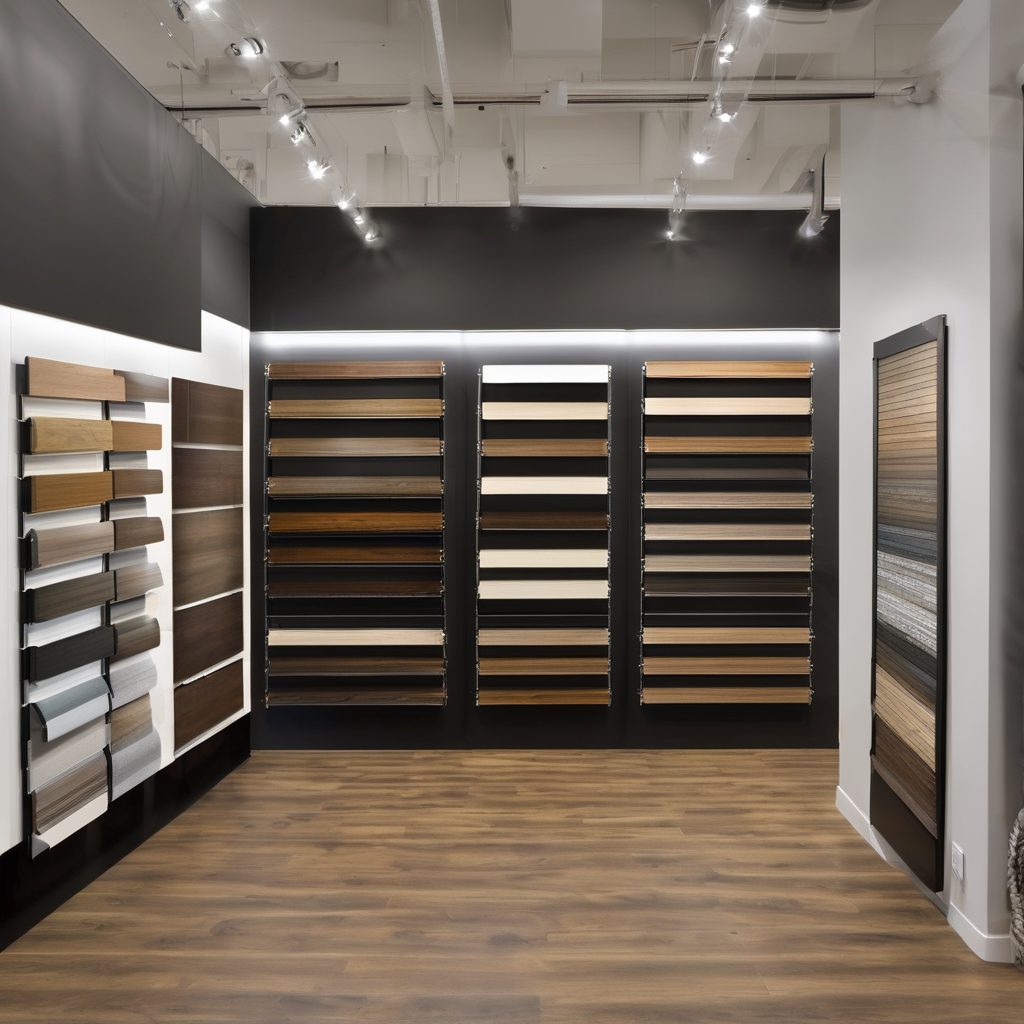 Modern flooring showroom interior with wood samples on display