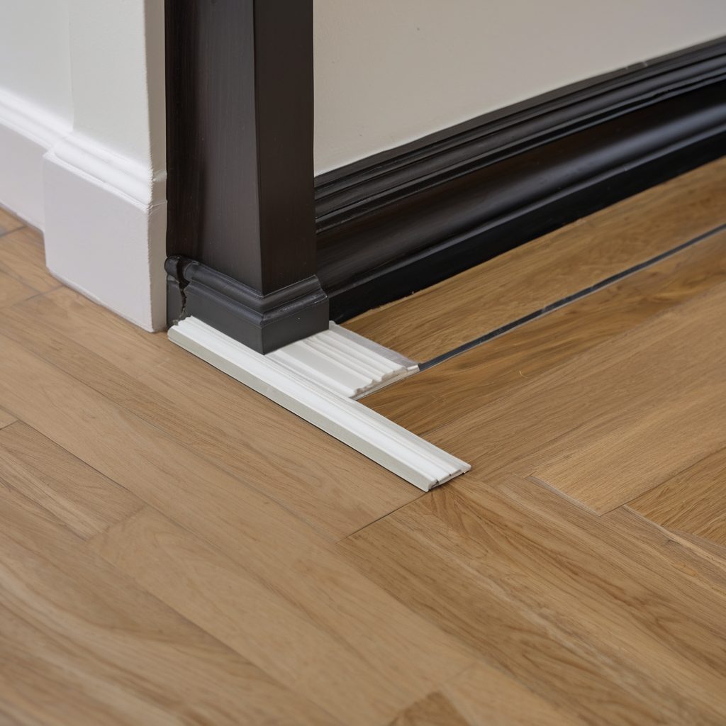 Flooring transition strip installation between wood floor and door frame trim