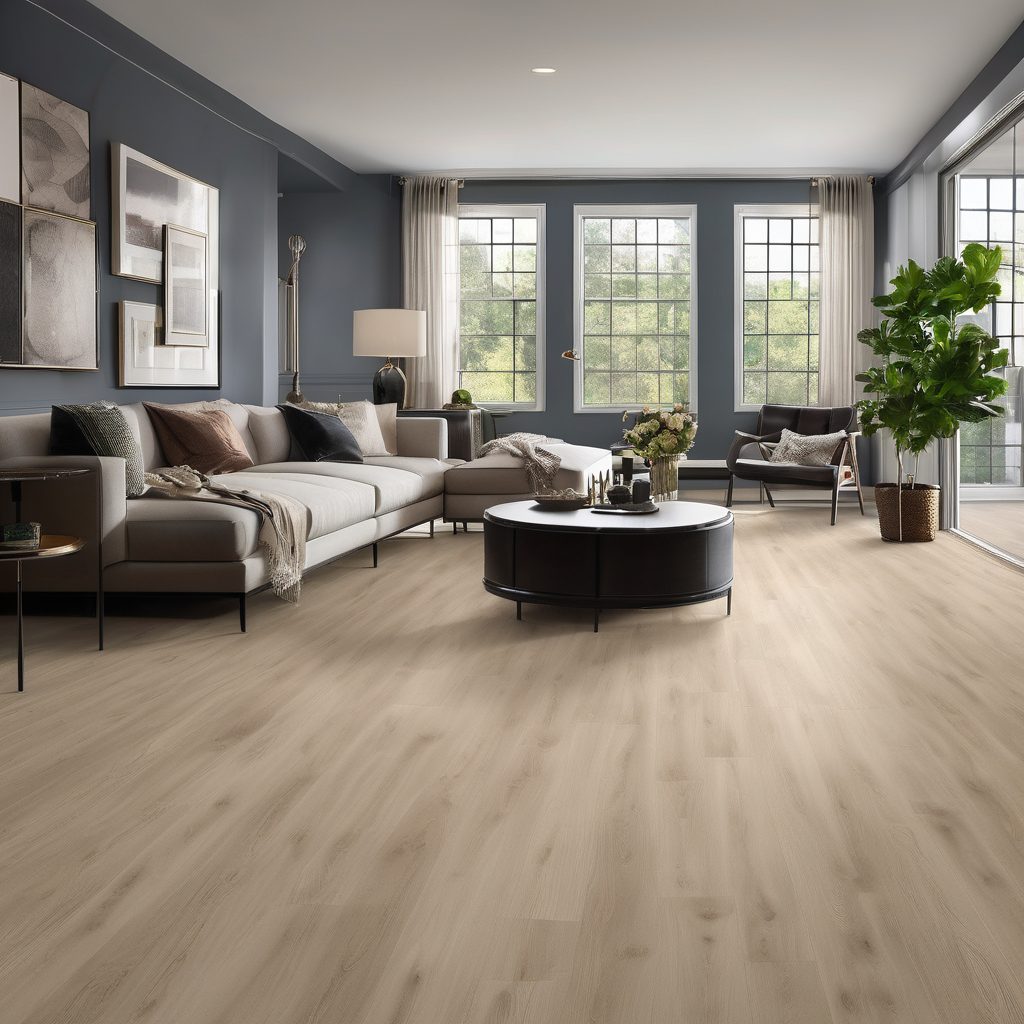 Modern living room with beautiful luxury vinyl plank flooring in warm tones and natural lighting