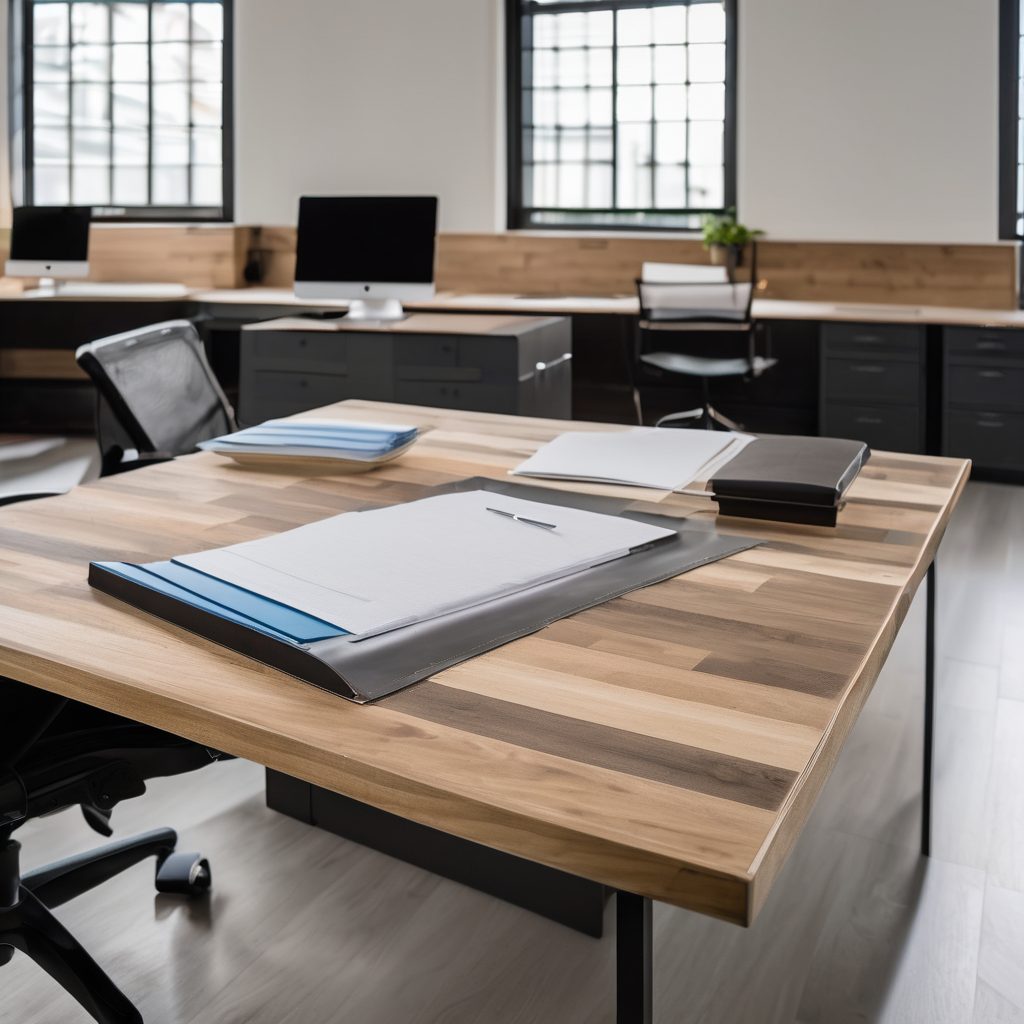 Modern office workspace with wooden desk and computer stations