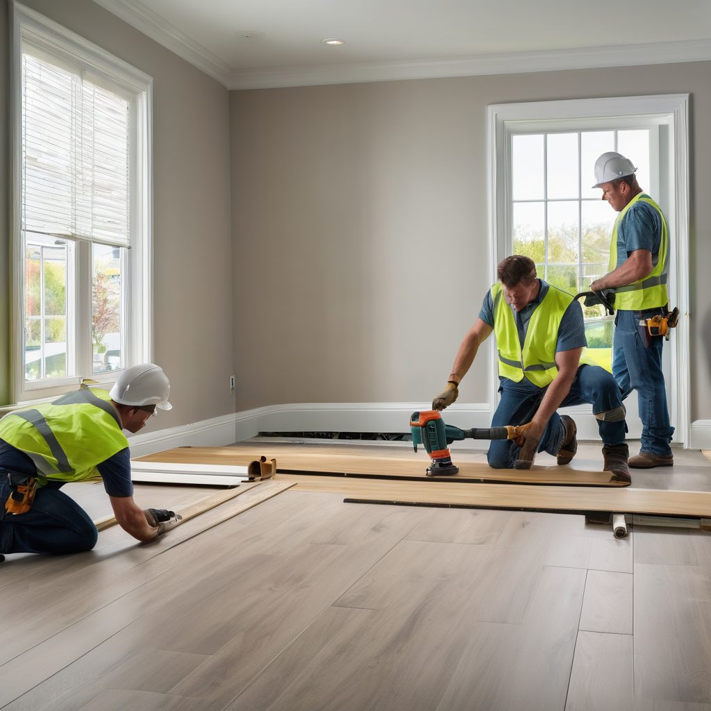Three workers installing laminate flooring in a residential room